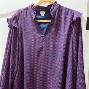 J Crew ruffle neck  blouse , antique navy and geranium size XL